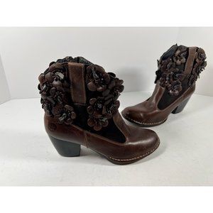 Lobo Solo Womens Ankle Boots Booties Brown Bovine Leather Flower Block Zip 9